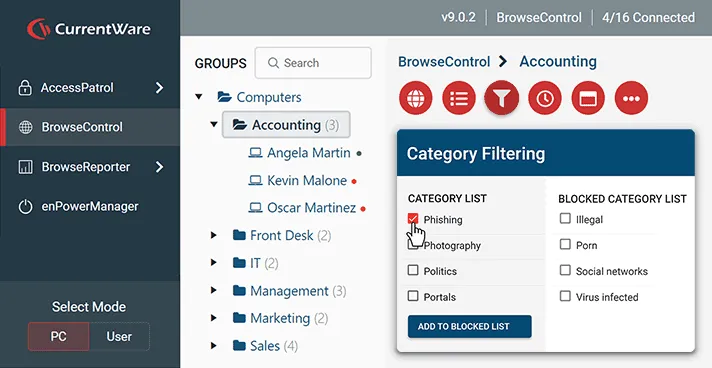 CurrentWare web console with the BrowseControl web filter page shown