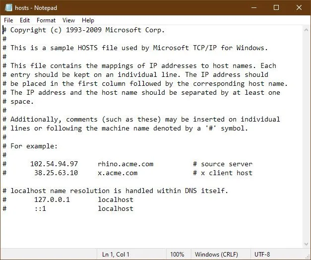 Screenshot of the Windows hosts file open in Notepad