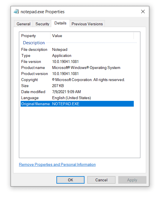 notepad.exe properties window